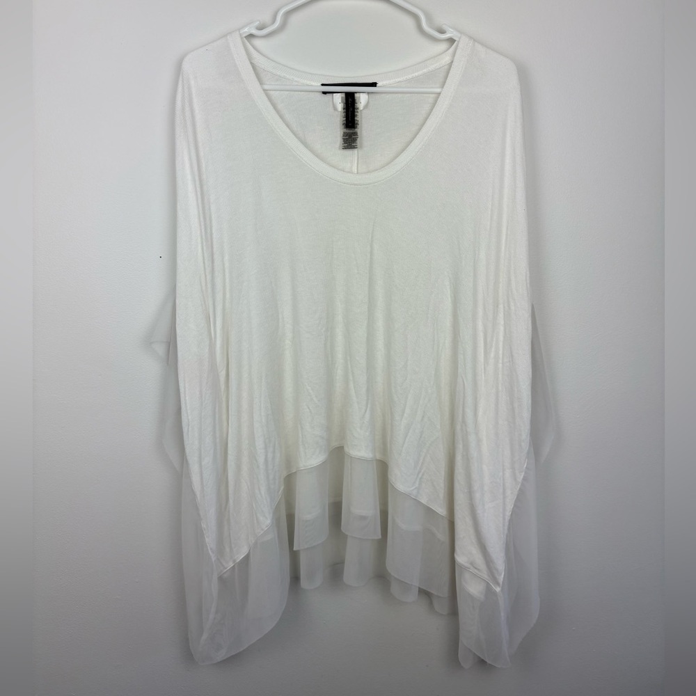 BCBGMaxAzria White Flowy Poncho Style Top w/ Mesh Trim Medium Boho Festival Chic